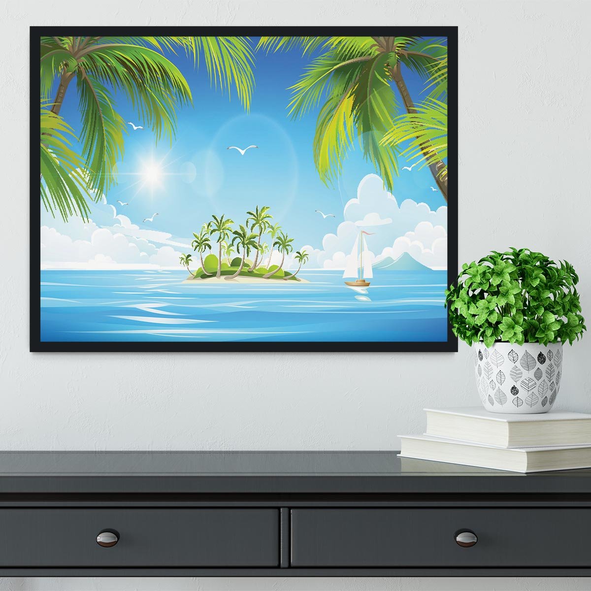 Tropical island with palm trees Framed Print - Canvas Art Rocks - 2