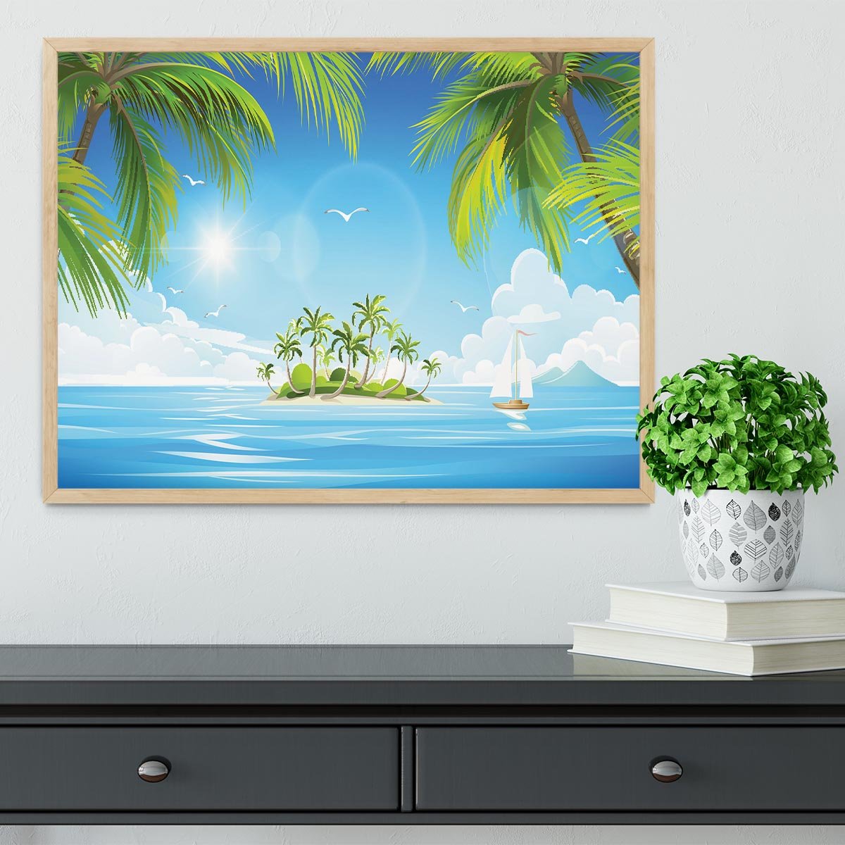 Tropical island with palm trees Framed Print - Canvas Art Rocks - 4