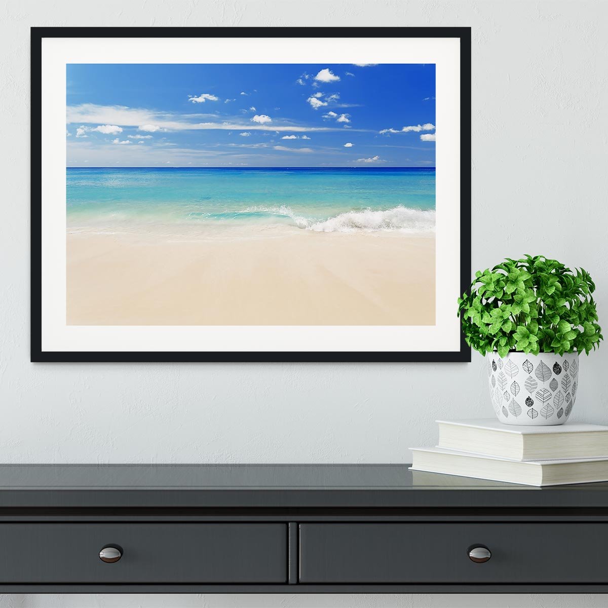 Tropical white sand beach and blue sky Framed Print - Canvas Art Rocks - 1