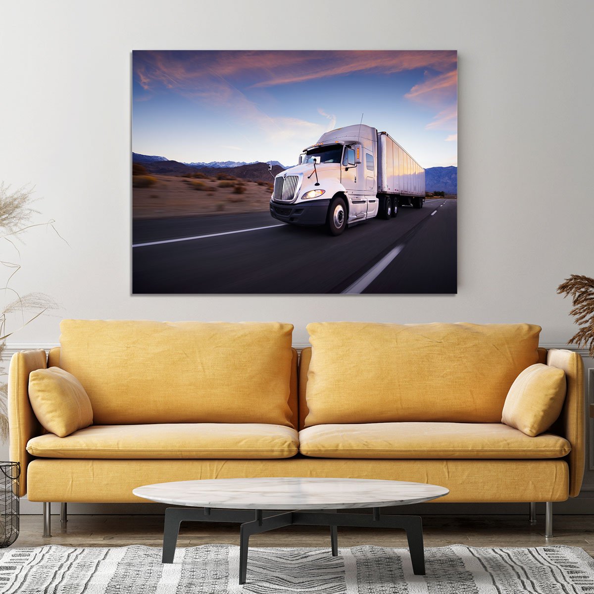 Truck and highway at sunset Canvas Print or Poster