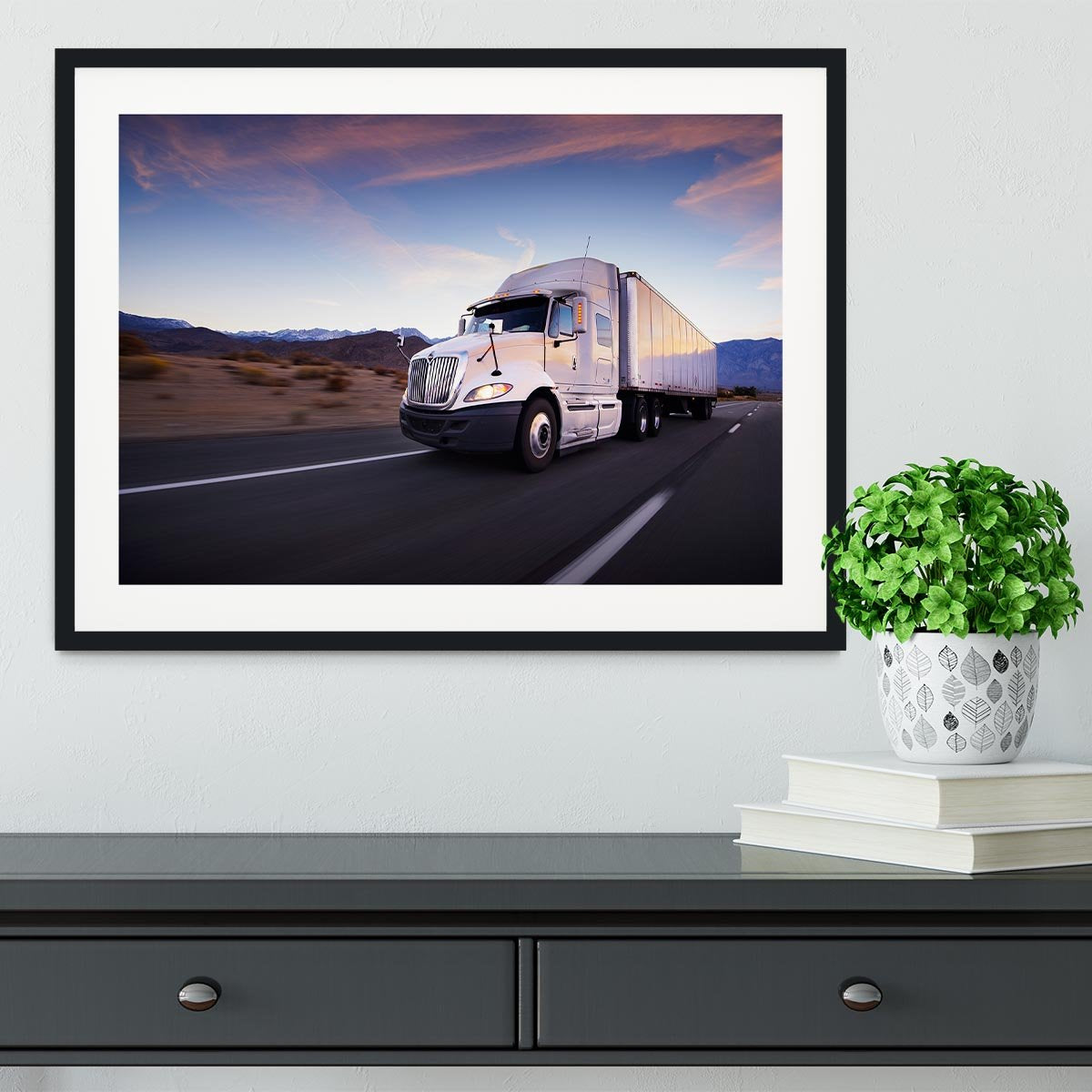 Truck and highway at sunset Framed Print - Canvas Art Rocks - 1