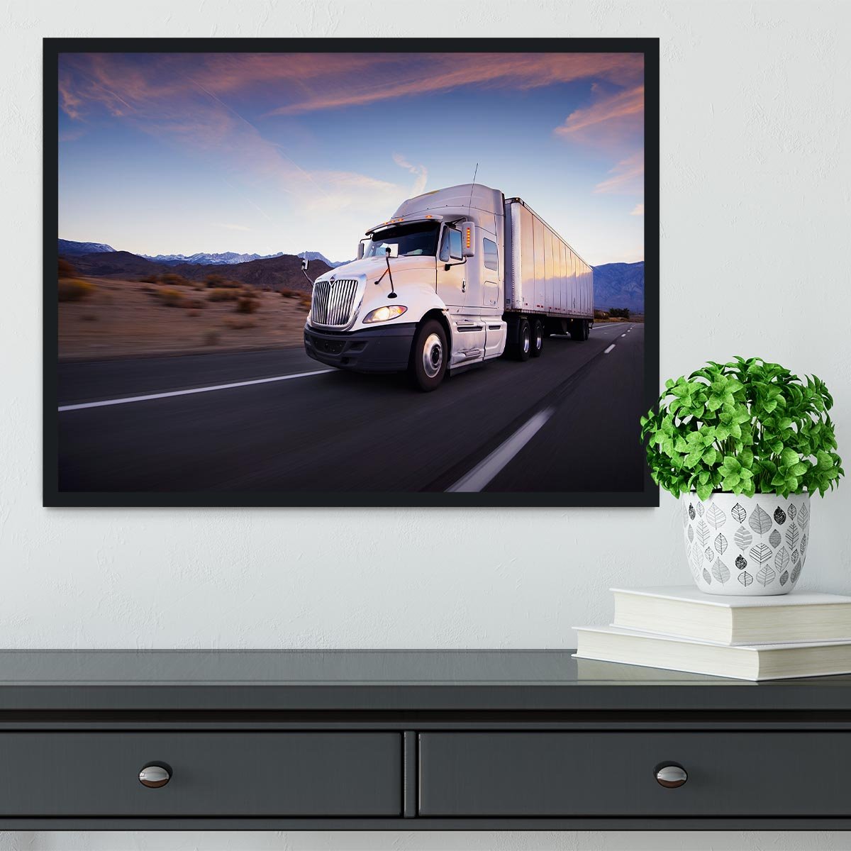 Truck and highway at sunset Framed Print - Canvas Art Rocks - 2