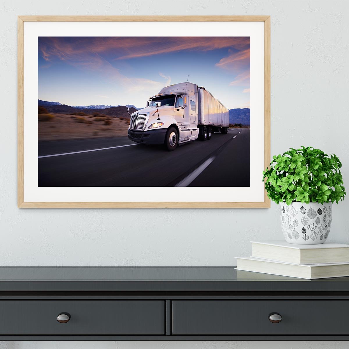 Truck and highway at sunset Framed Print - Canvas Art Rocks - 3