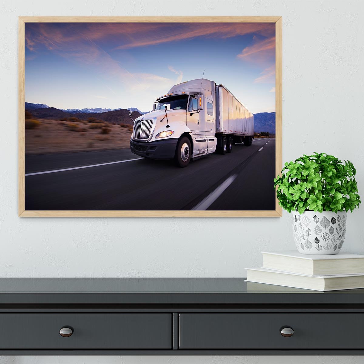 Truck and highway at sunset Framed Print - Canvas Art Rocks - 4