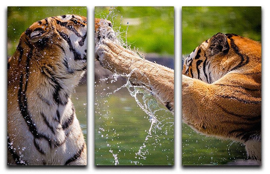 Two adult tigers at play in the water 3 Split Panel Canvas Print - Canvas Art Rocks - 1