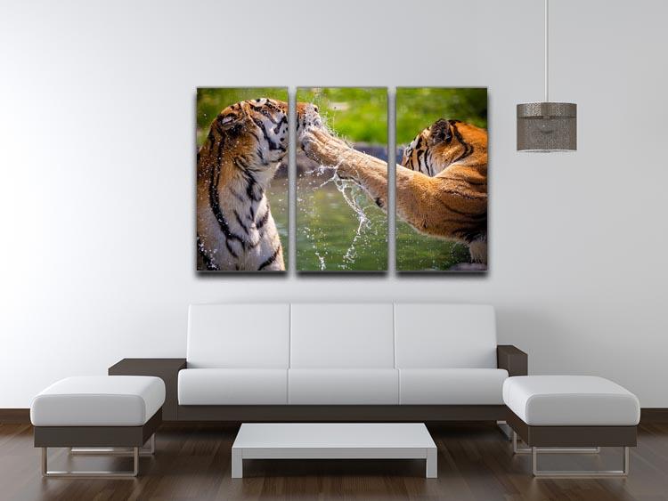 Two adult tigers at play in the water 3 Split Panel Canvas Print - Canvas Art Rocks - 3