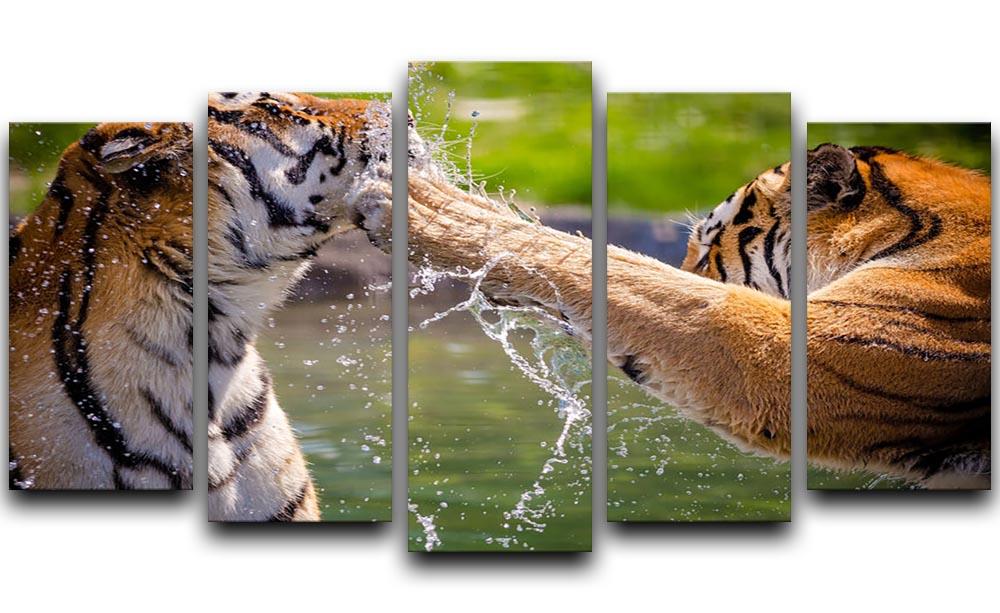 Two adult tigers at play in the water 5 Split Panel Canvas - Canvas Art Rocks - 1