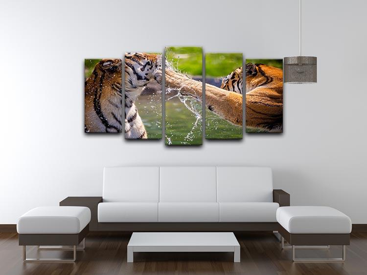 Two adult tigers at play in the water 5 Split Panel Canvas - Canvas Art Rocks - 3