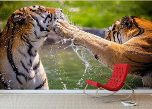 Two adult tigers at play in the water Wall Mural Wallpaper - Canvas Art Rocks - 2