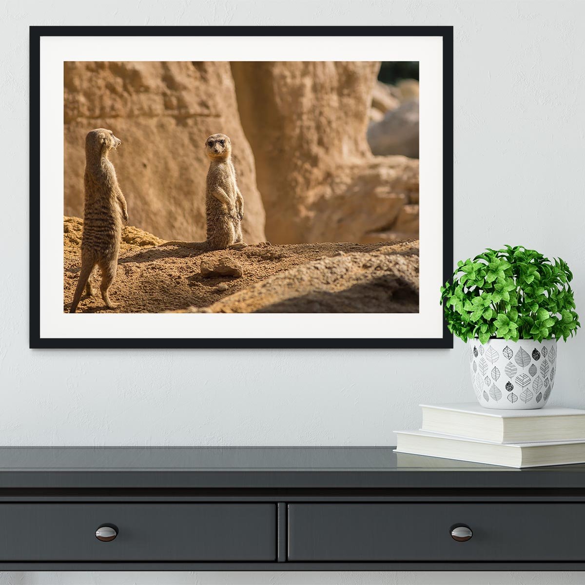 Two alert Meerkats in the desert Framed Print - Canvas Art Rocks - 1