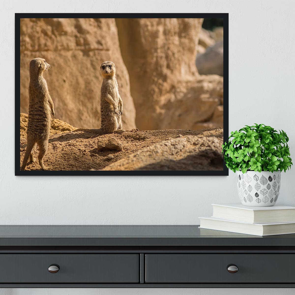 Two alert Meerkats in the desert Framed Print - Canvas Art Rocks - 2