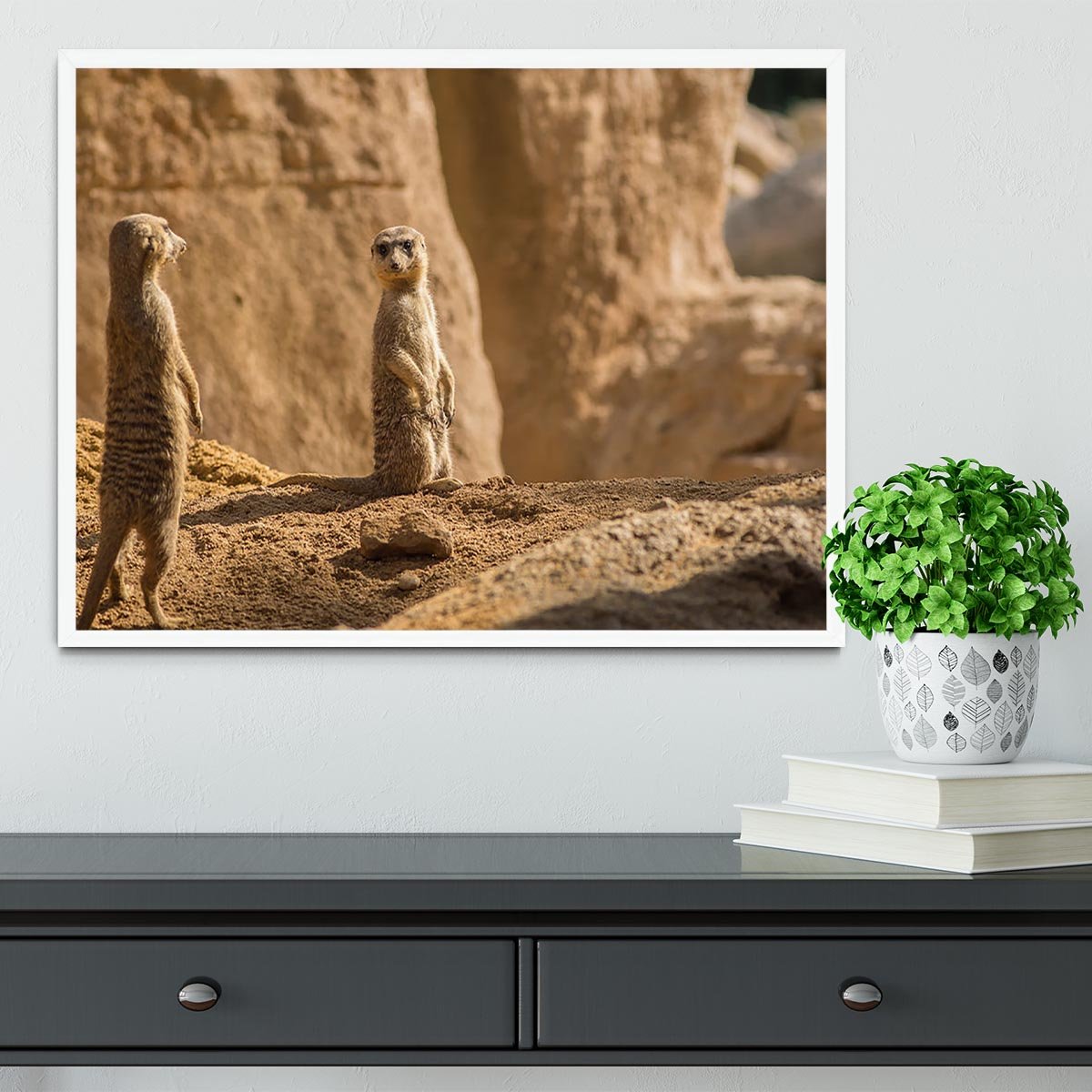 Two alert Meerkats in the desert Framed Print - Canvas Art Rocks -6