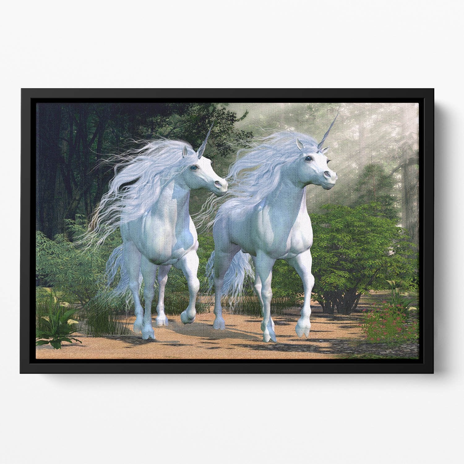 Two buck unicorns run together Floating Framed Canvas