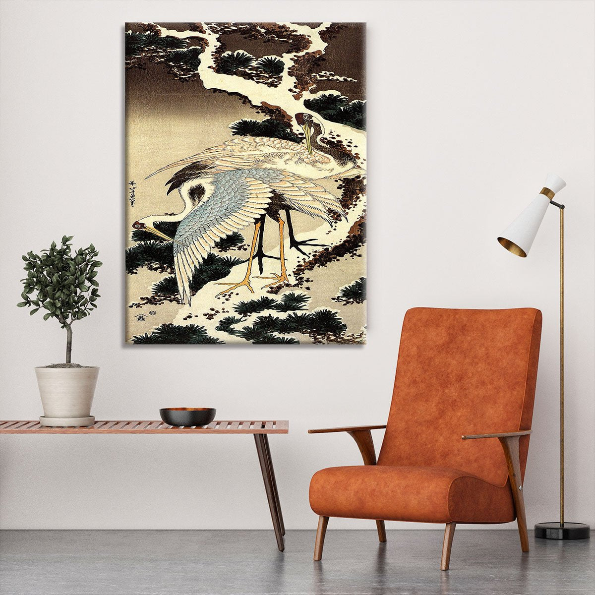 Two cranes on a pine covered with snow by Hokusai Canvas Print or Poster