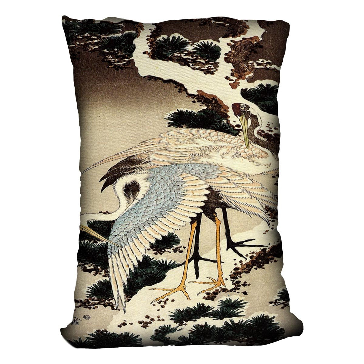 Two cranes on a pine covered with snow by Hokusai Throw Pillow