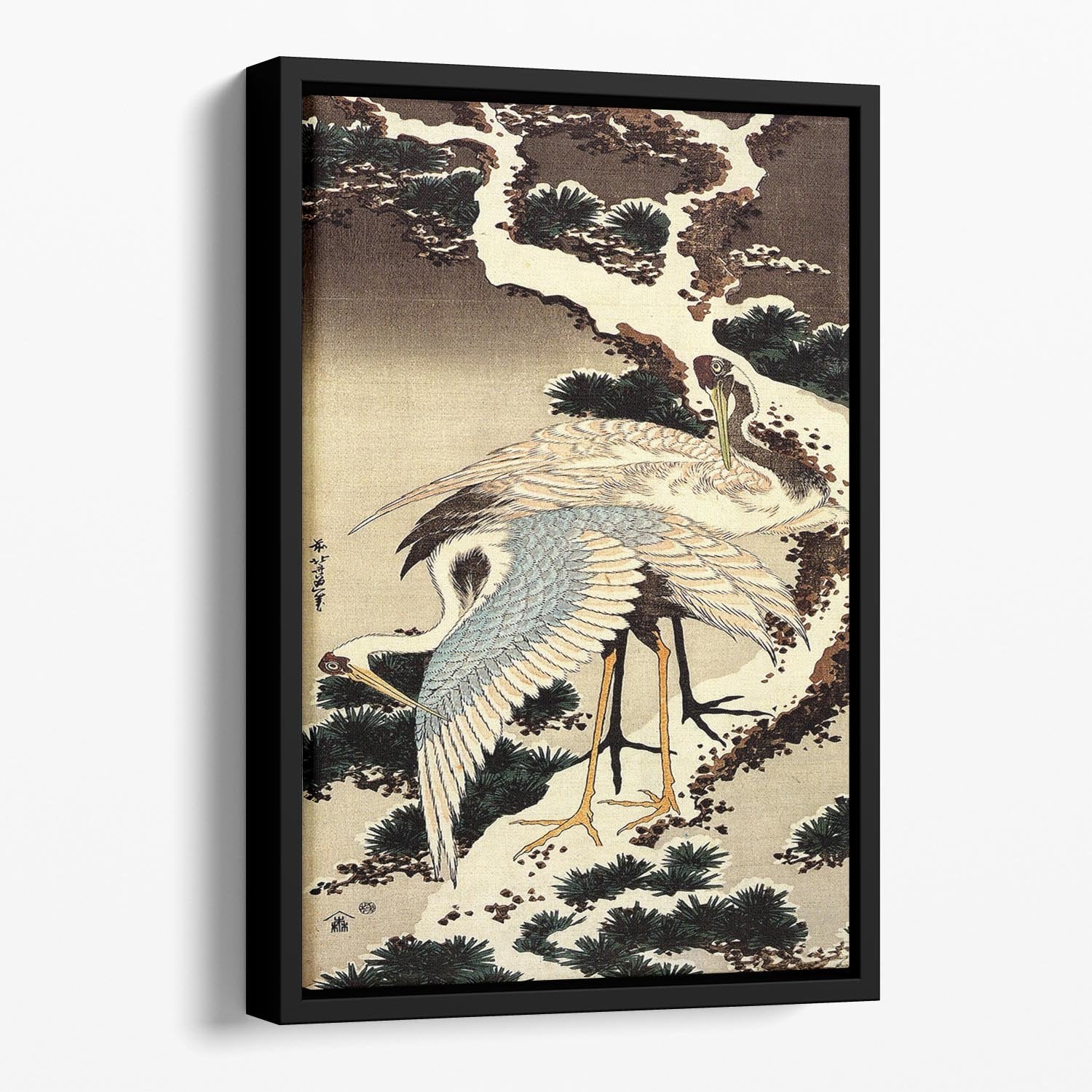 Two cranes on a pine covered with snow by Hokusai Floating Framed Canvas