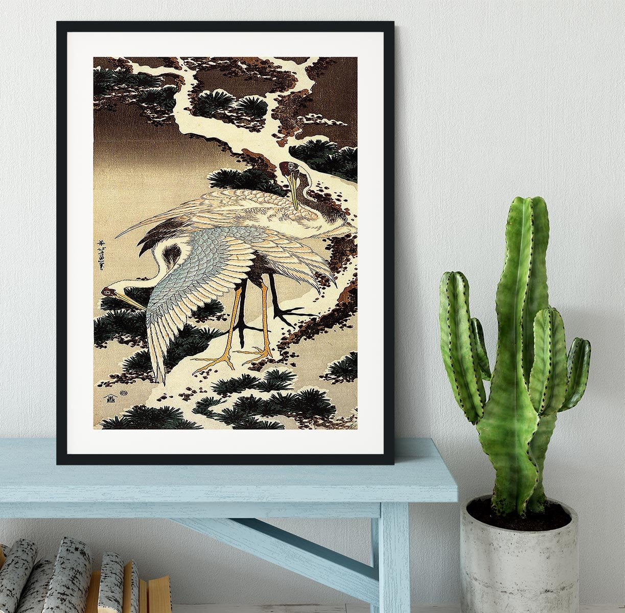 Two cranes on a pine covered with snow by Hokusai Framed Print - Canvas Art Rocks - 1