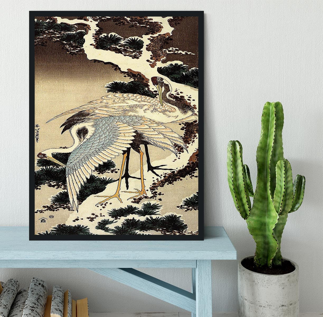 Two cranes on a pine covered with snow by Hokusai Framed Print - Canvas Art Rocks - 2