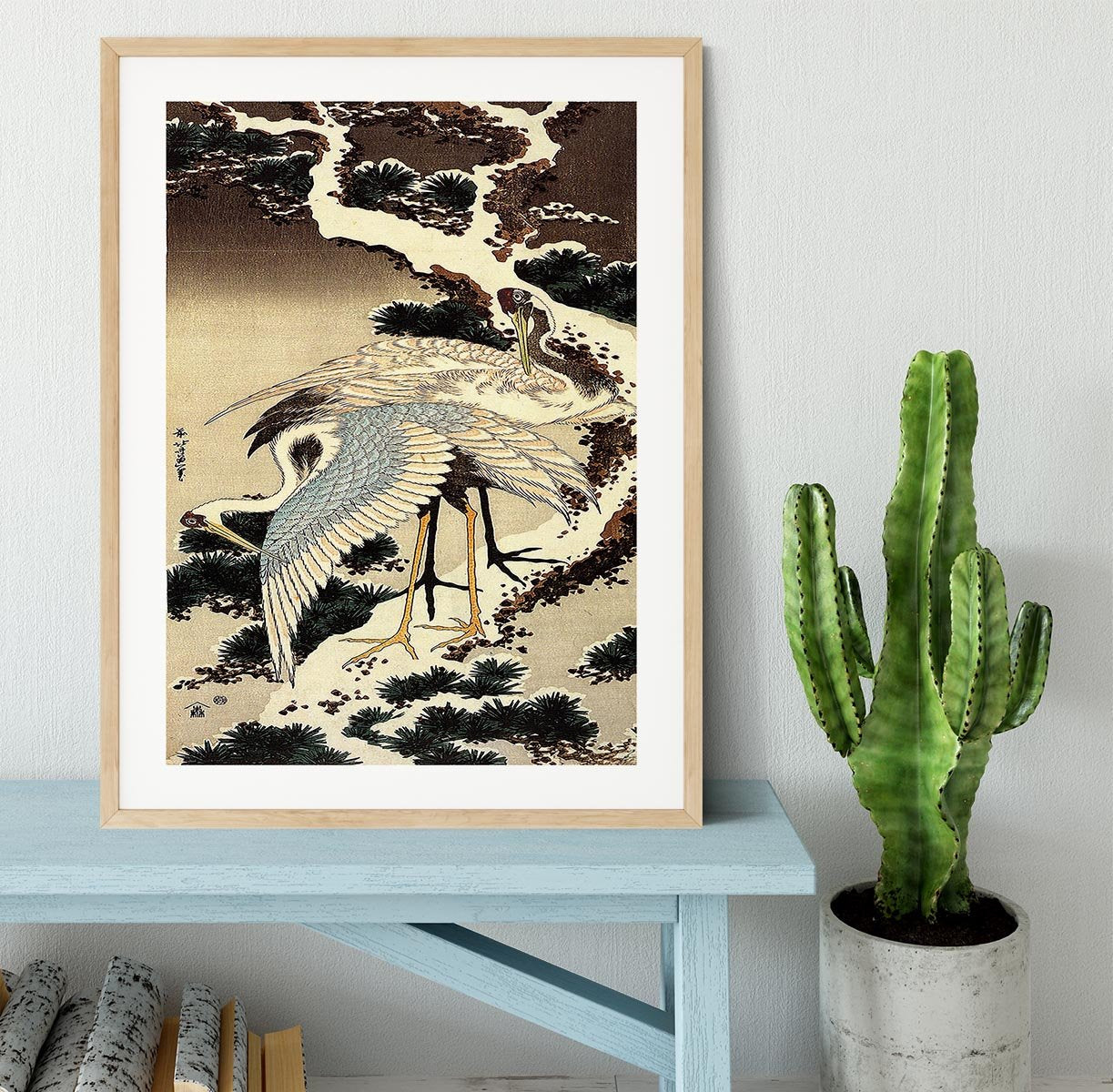 Two cranes on a pine covered with snow by Hokusai Framed Print - Canvas Art Rocks - 3