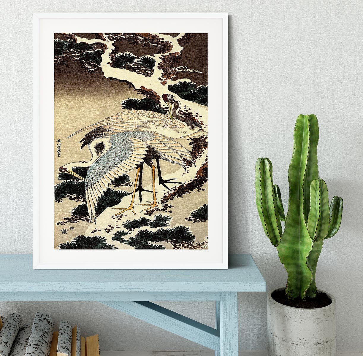 Two cranes on a pine covered with snow by Hokusai Framed Print - Canvas Art Rocks - 5