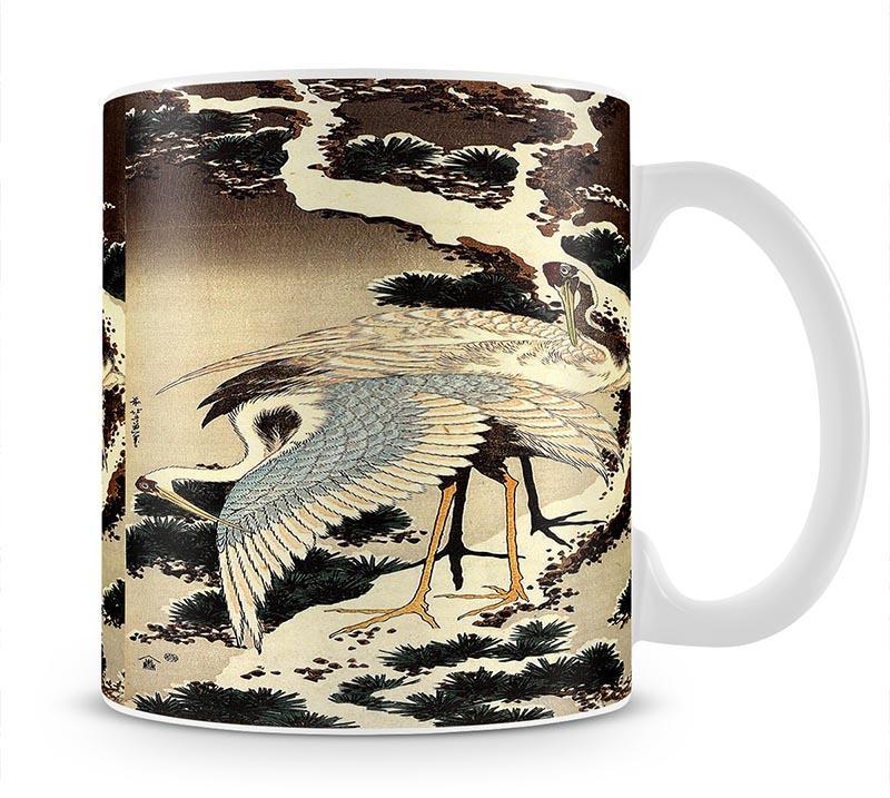 Two cranes on a pine covered with snow by Hokusai Mug - Canvas Art Rocks - 1