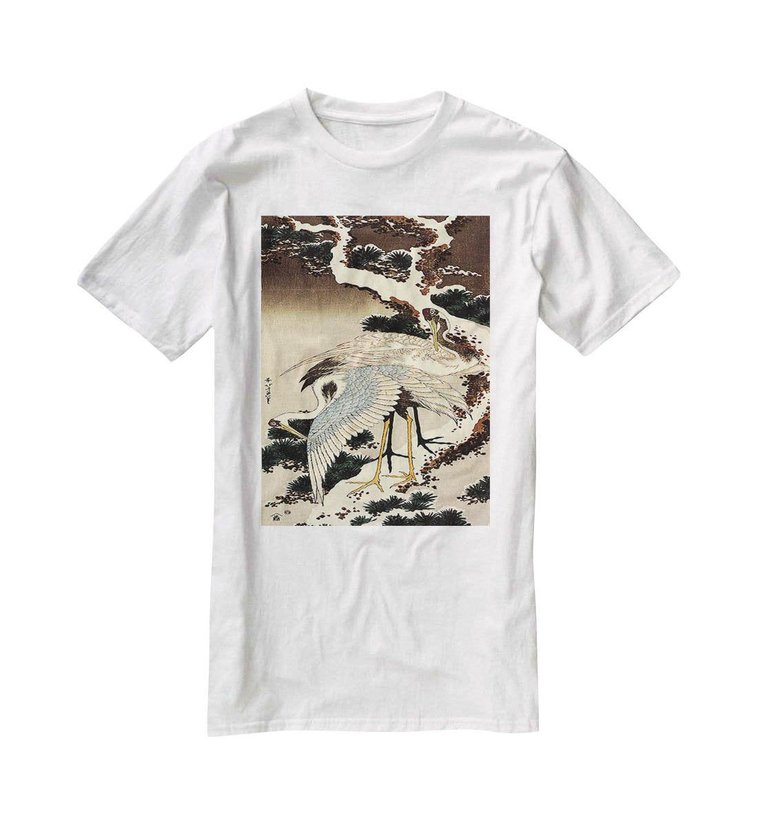 Two cranes on a pine covered with snow by Hokusai T-Shirt - Canvas Art Rocks - 5