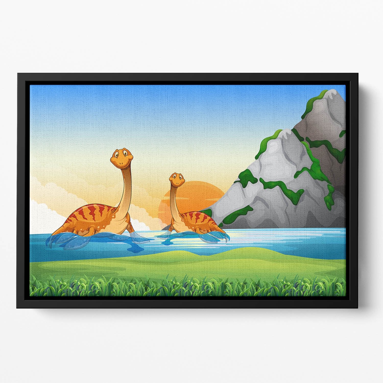 Two dinosaurs in the lake Floating Framed Canvas