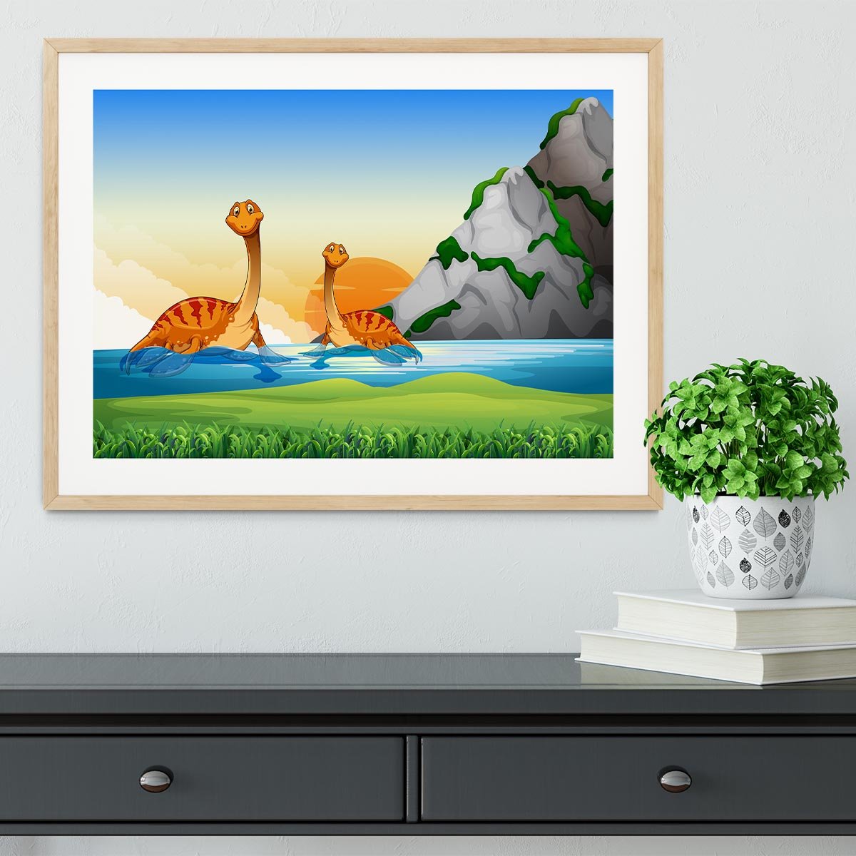 Two dinosaurs in the lake Framed Print - Canvas Art Rocks - 3
