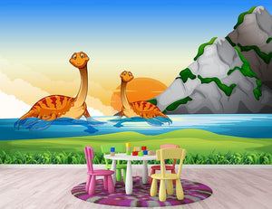 Two dinosaurs in the lake Wall Mural Wallpaper - Canvas Art Rocks - 2