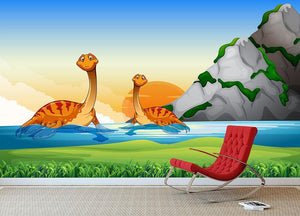 Two dinosaurs in the lake Wall Mural Wallpaper - Canvas Art Rocks - 3
