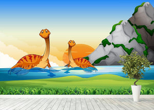 Two dinosaurs in the lake Wall Mural Wallpaper - Canvas Art Rocks - 4