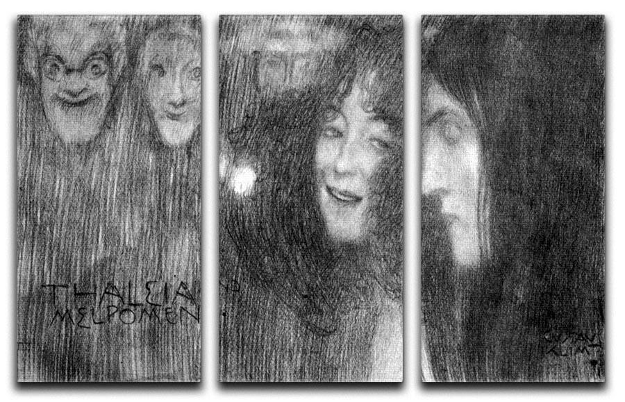 Two girls heads in profile and masks Thalia and Melpomene by Klimt 3 Split Panel Canvas Print - Canvas Art Rocks - 1