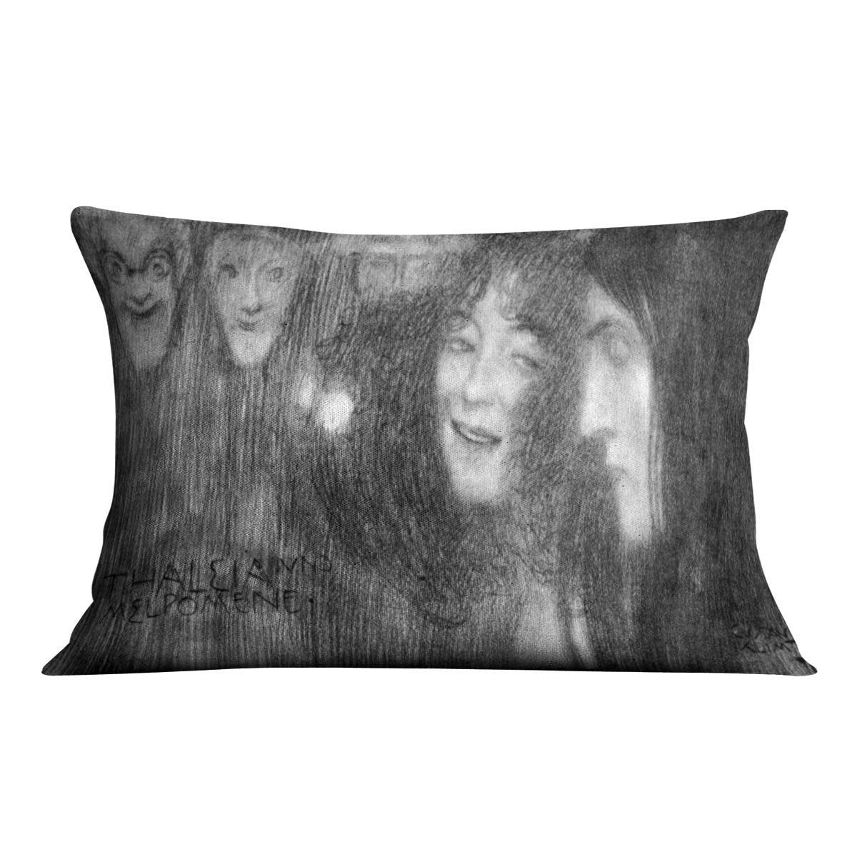 Two girls heads in profile and masks Thalia and Melpomene by Klimt Throw Pillow