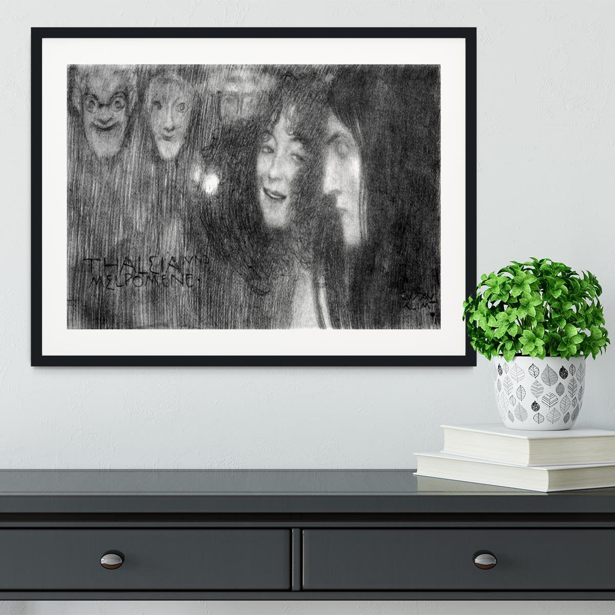 Two girls heads in profile and masks Thalia and Melpomene by Klimt Framed Print - Canvas Art Rocks - 1
