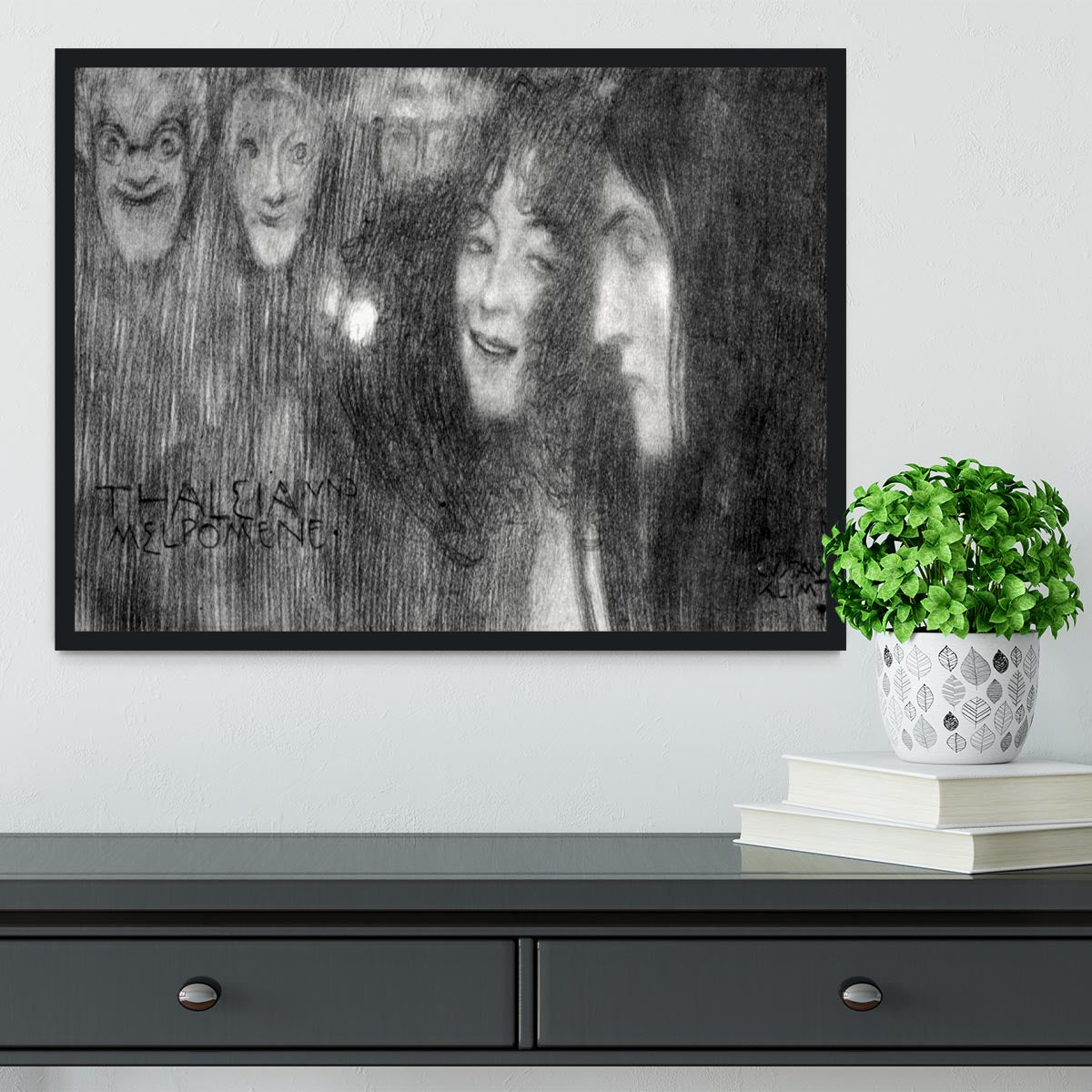 Two girls heads in profile and masks Thalia and Melpomene by Klimt Framed Print - Canvas Art Rocks - 2