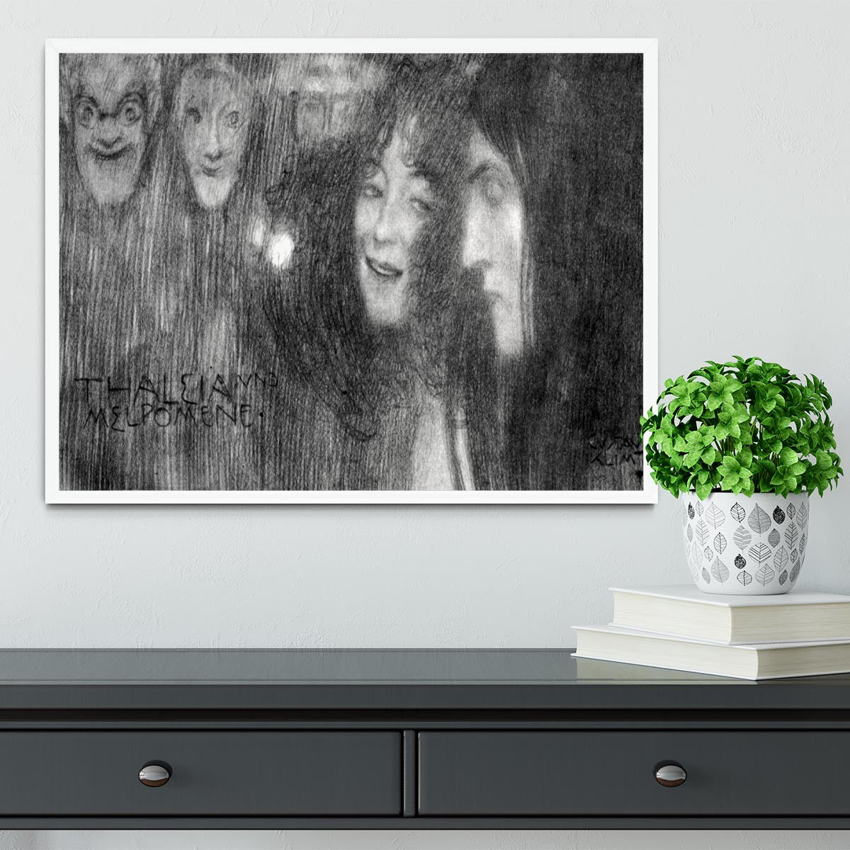 Two girls heads in profile and masks Thalia and Melpomene by Klimt Framed Print - Canvas Art Rocks -6