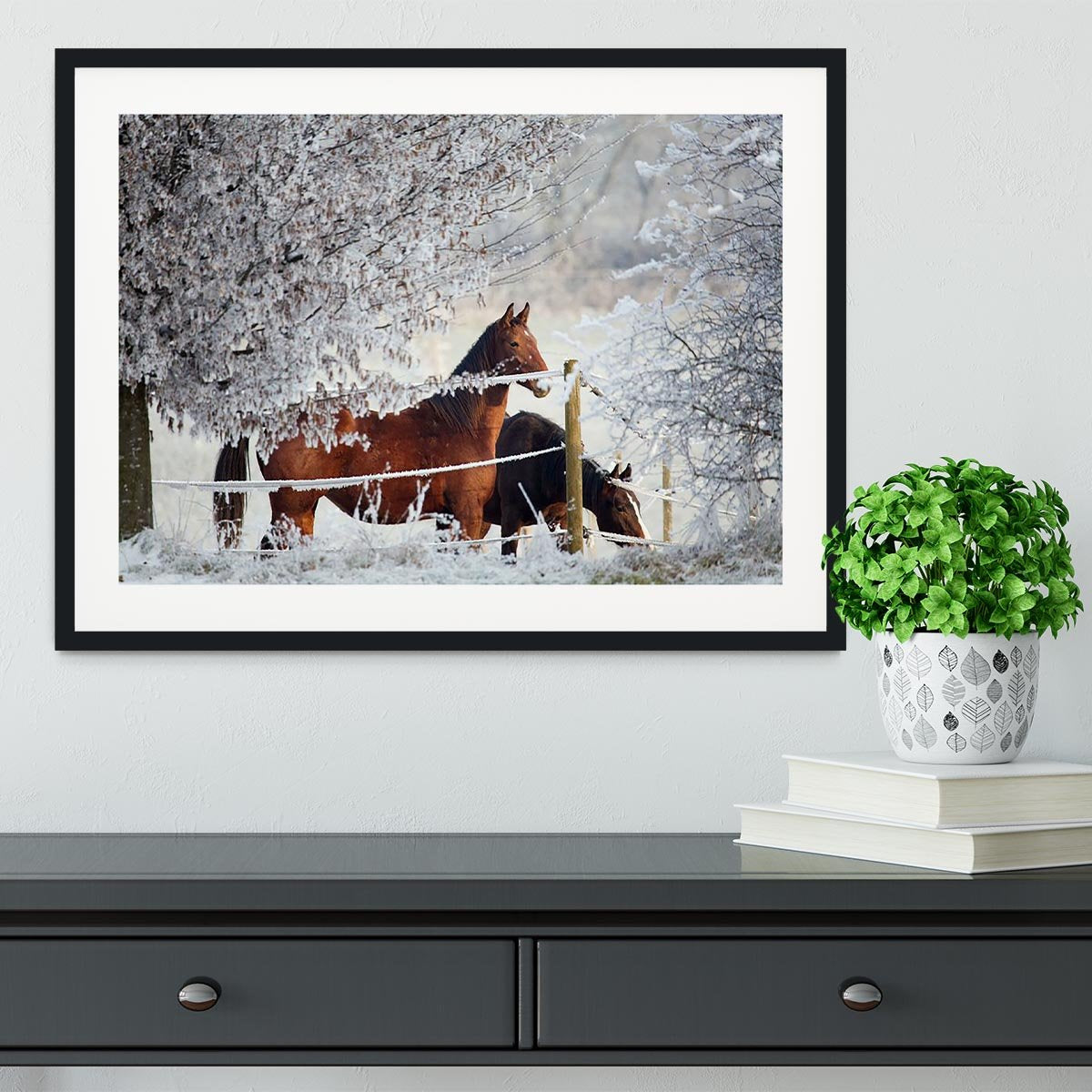 Two horses in a winter landscape Framed Print - Canvas Art Rocks - 1