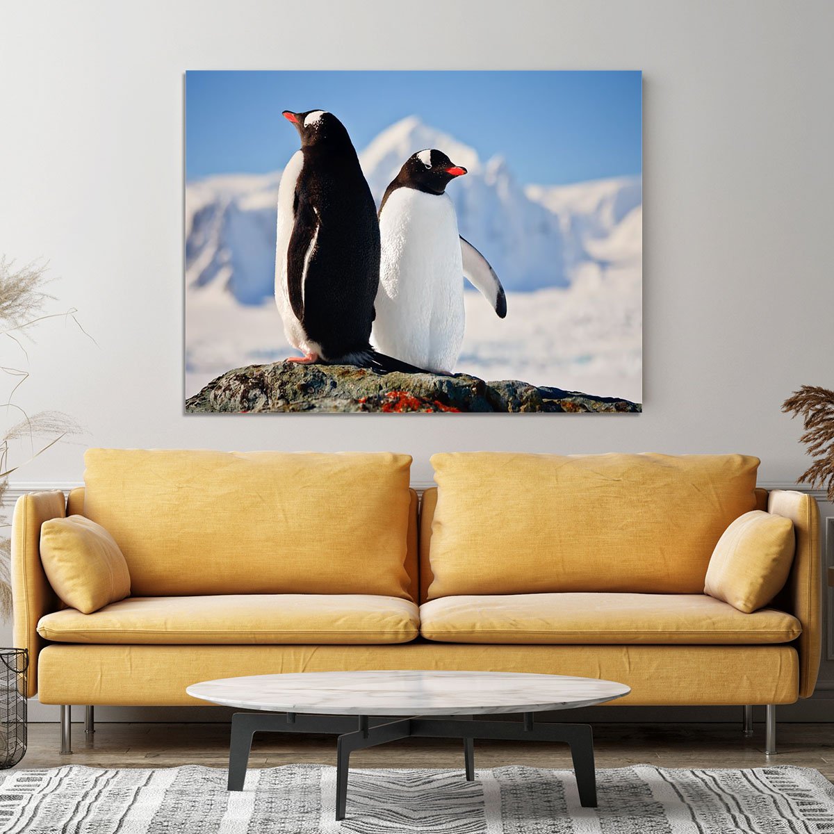 Two penguins dreaming sitting on a rock Canvas Print or Poster