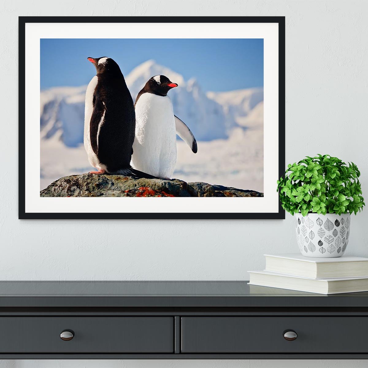 Two penguins dreaming sitting on a rock Framed Print - Canvas Art Rocks - 1