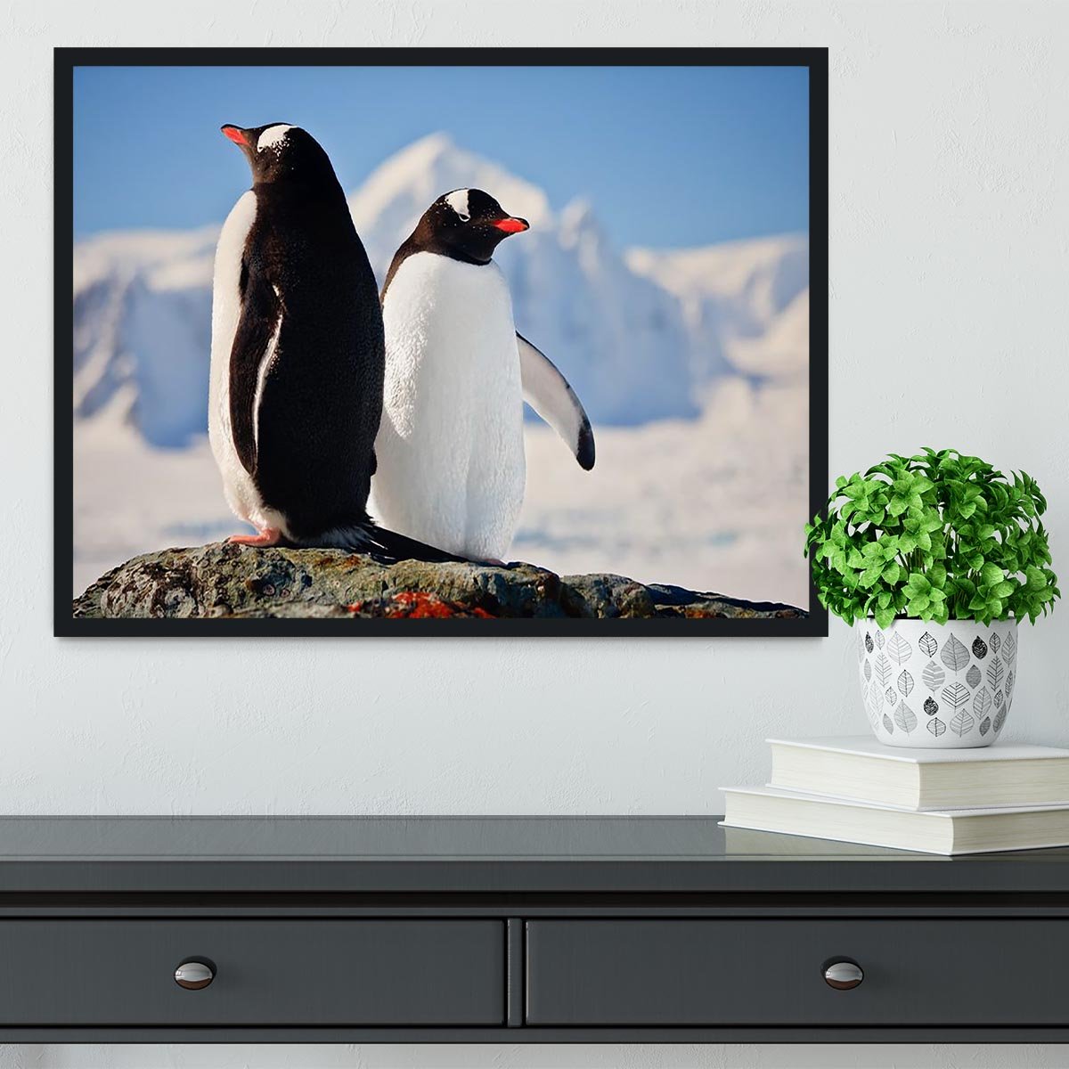 Two penguins dreaming sitting on a rock Framed Print - Canvas Art Rocks - 2