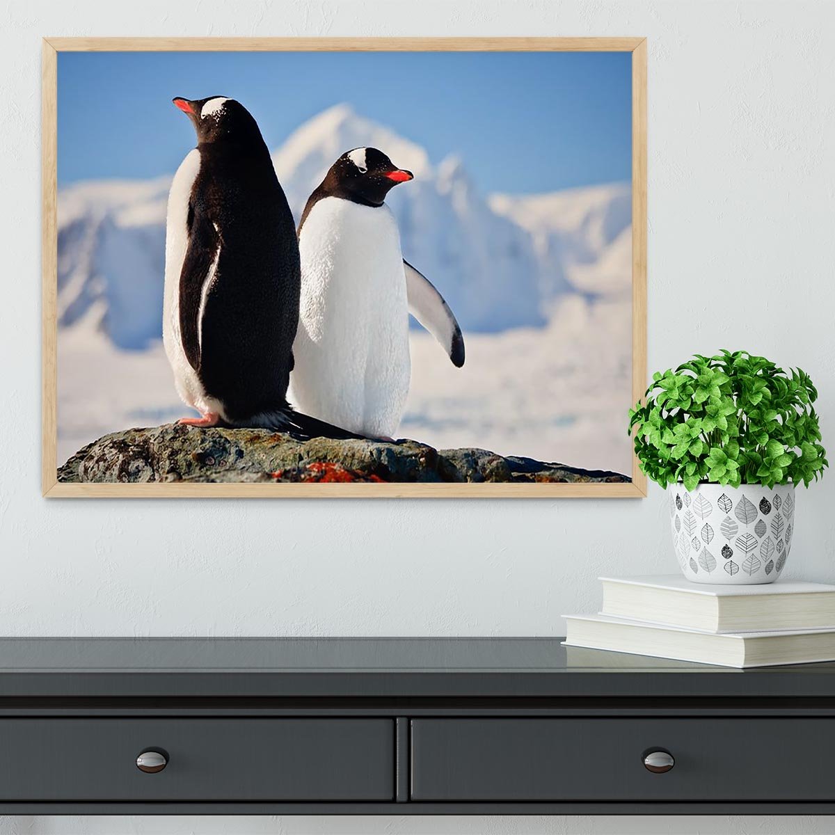 Two penguins dreaming sitting on a rock Framed Print - Canvas Art Rocks - 4