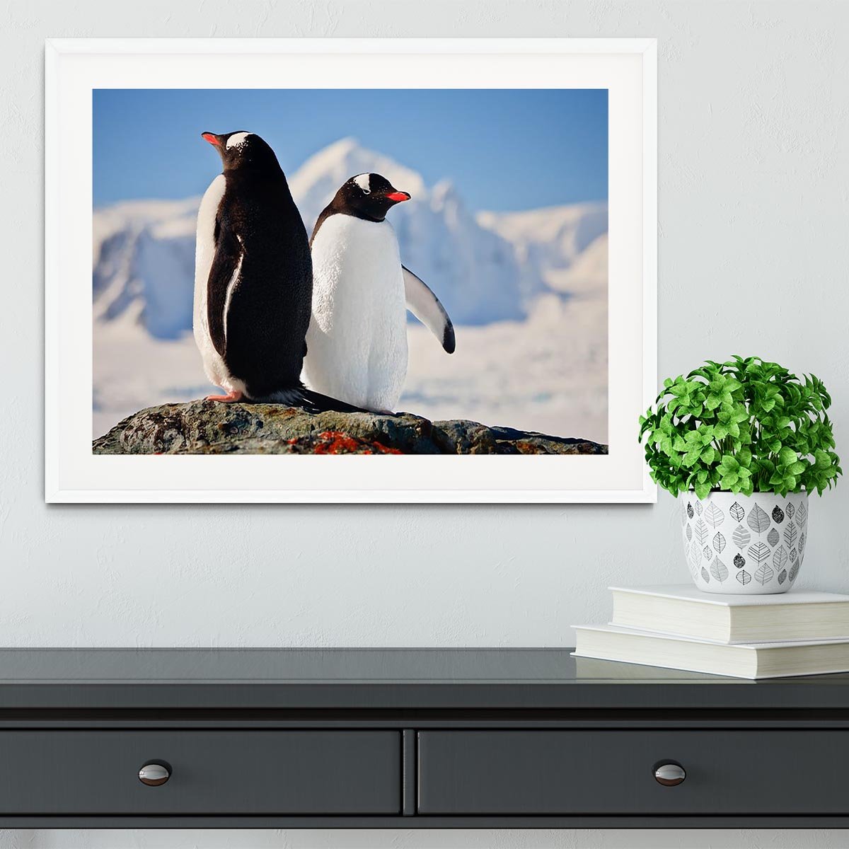 Two penguins dreaming sitting on a rock Framed Print - Canvas Art Rocks - 5