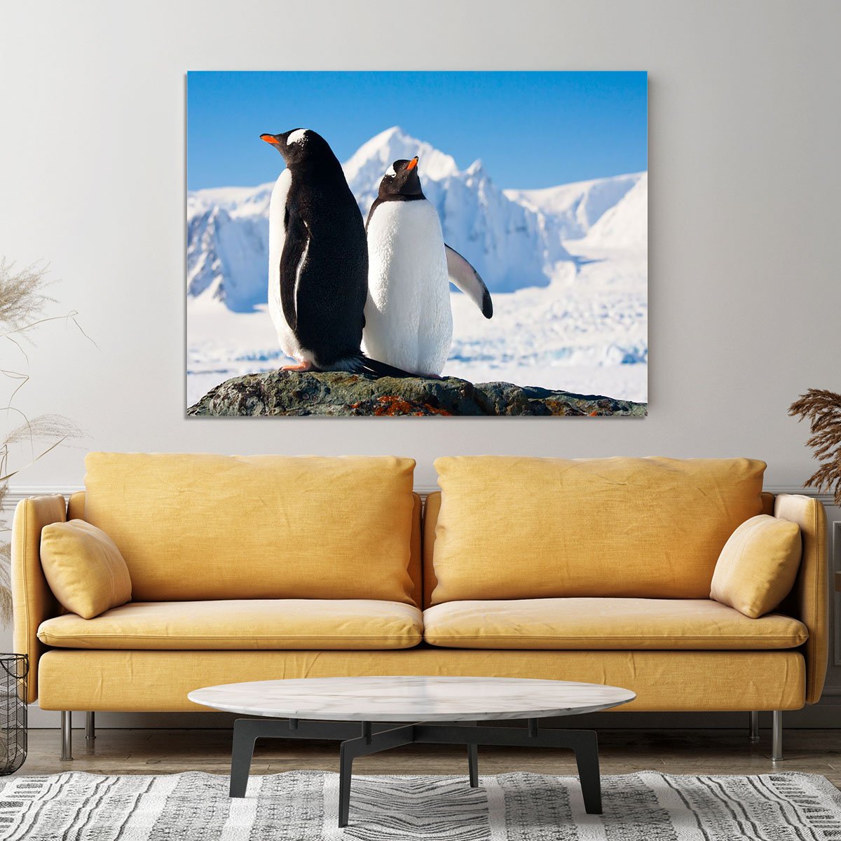 Two penguins dreaming together sitting on a rock Canvas Print or Poster