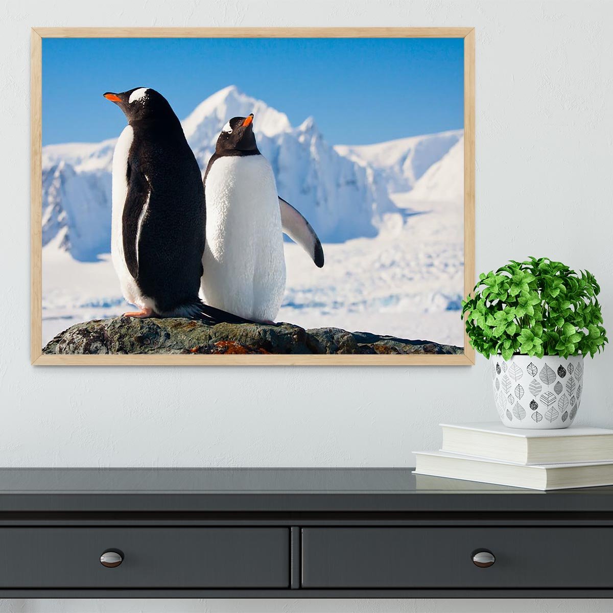 Two penguins dreaming together sitting on a rock Framed Print - Canvas Art Rocks - 4