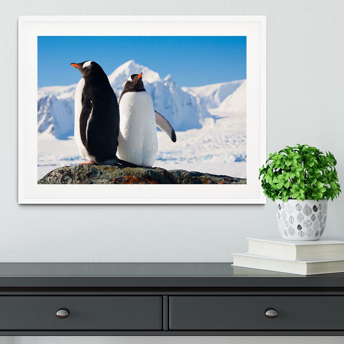 Two penguins dreaming together sitting on a rock Framed Print - Canvas Art Rocks - 5