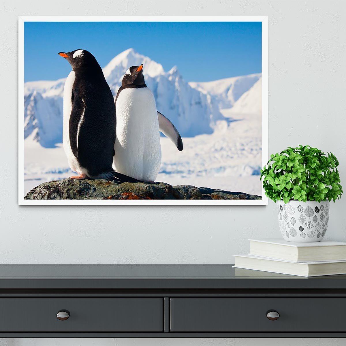 Two penguins dreaming together sitting on a rock Framed Print - Canvas Art Rocks -6