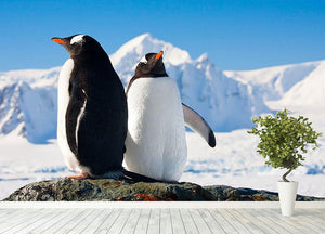 Two penguins dreaming together sitting on a rock Wall Mural Wallpaper - Canvas Art Rocks - 4