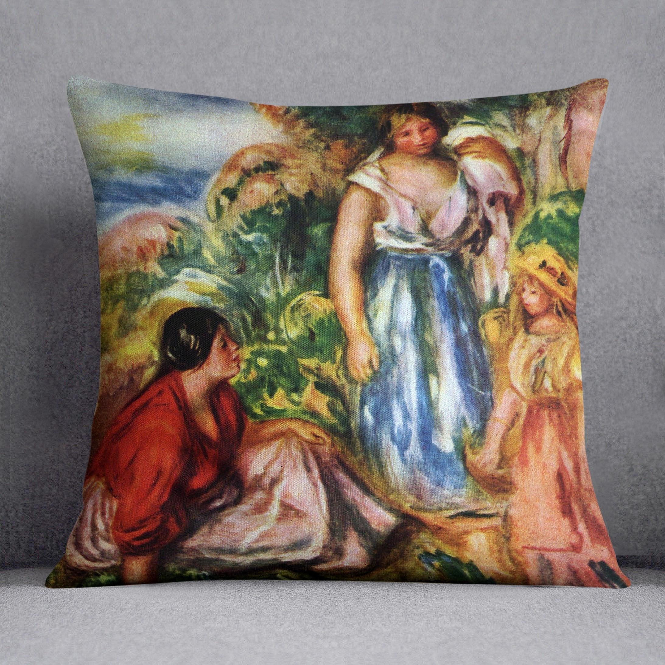 Two women with young girls in a landscape by Renoir Throw Pillow