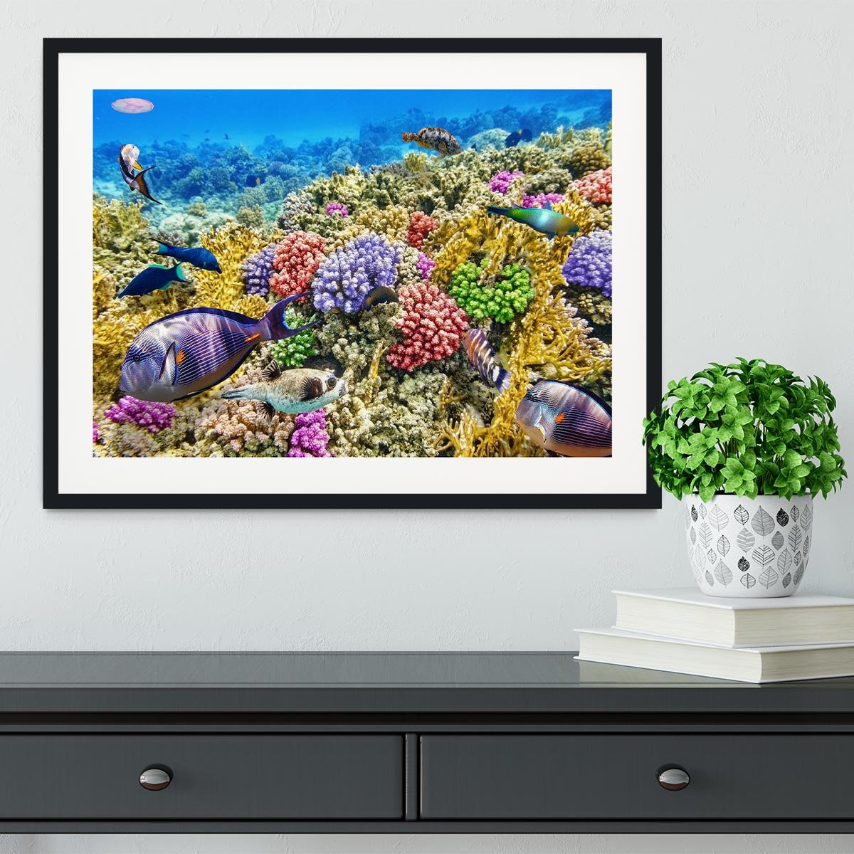 Underwater world with corals and tropical fish Framed Print - Canvas Art Rocks - 1