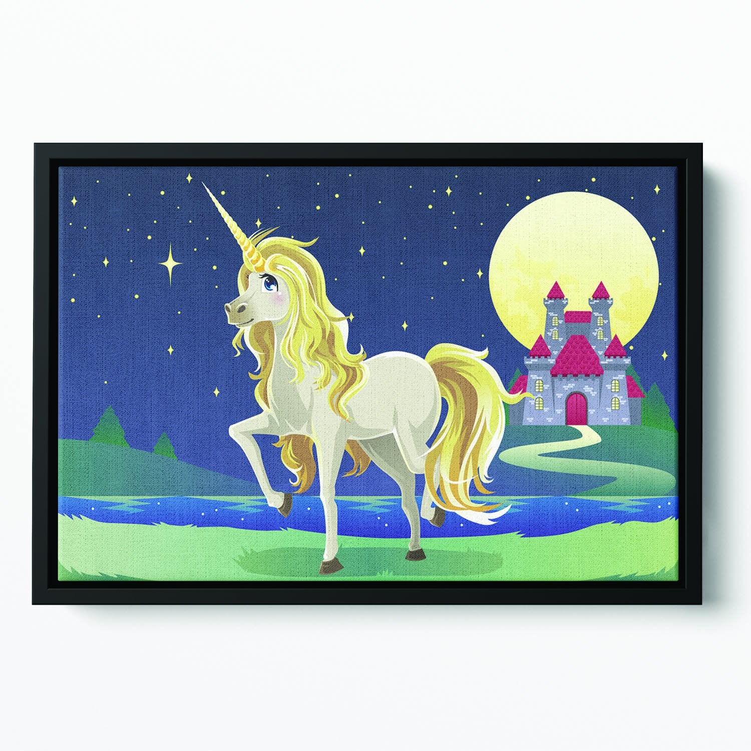 Unicorn outside of a castle Floating Framed Canvas